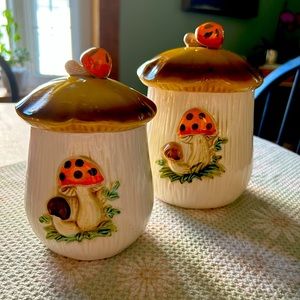 Sears Robuck Merry Mushroom canisters, set of 2. 4” and 5” high.